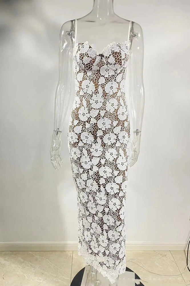 Glorol - Floral Embroidery Spaghetti Strap Sleeveless Maxi Dress