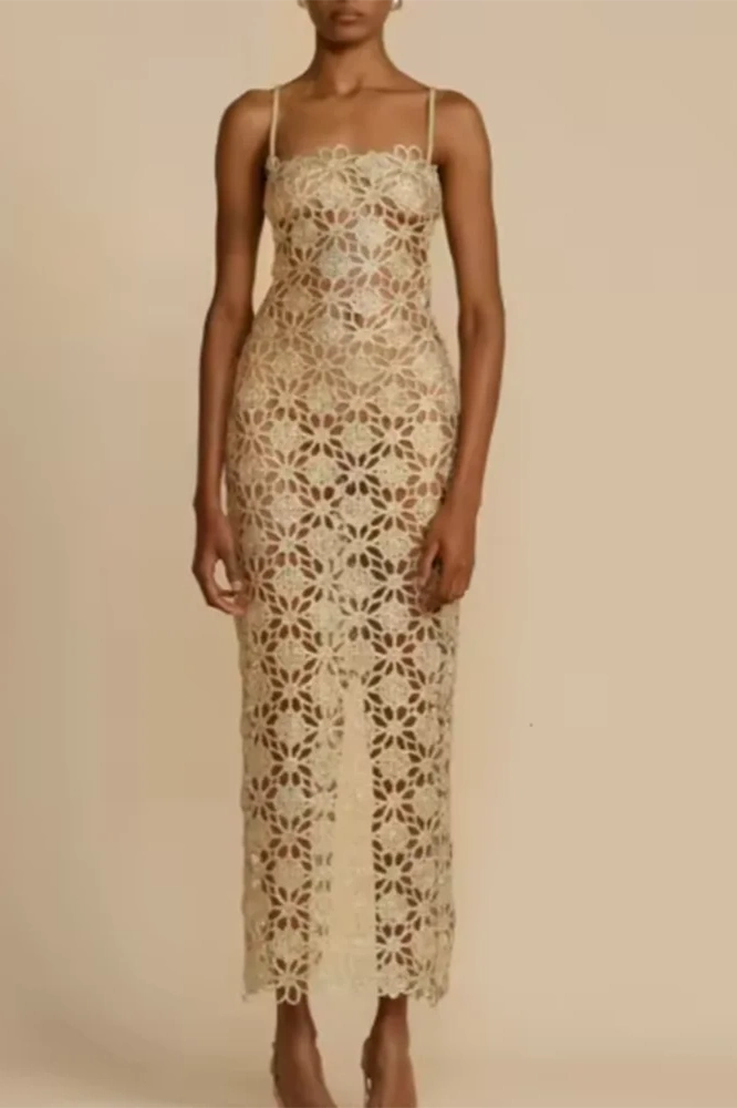 Glorol - Elegant Lace Hollow Out Sleeveless Maxi Dress