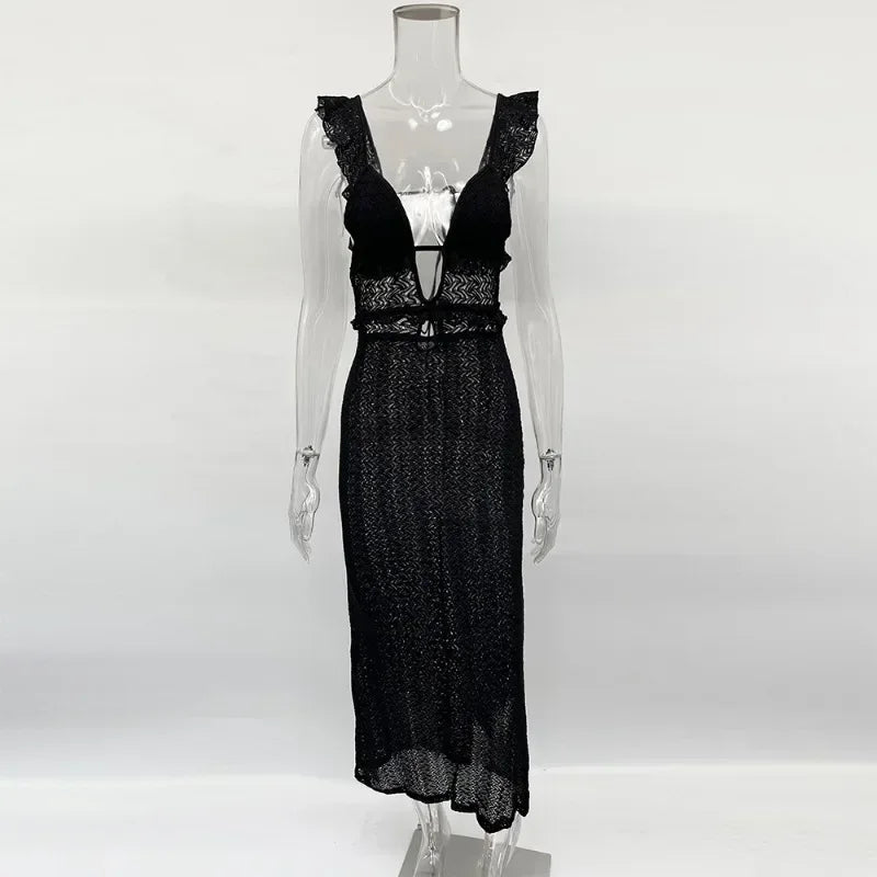 Glorol - Hollow Out Patchwork Backless Sleeveless Maxi Dress