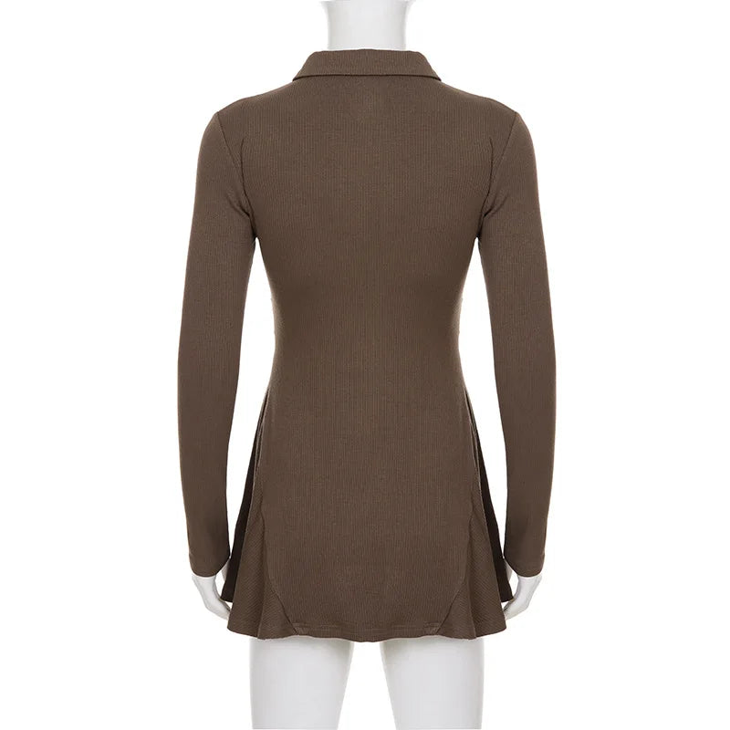 Glorol - Low Waist Long-Sleeved A-Line Mini Dress