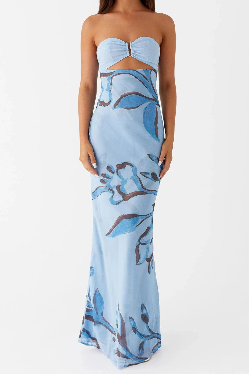 Glorol - Floral Print Backless Strapless Maxi Dress