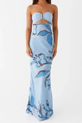 Glorol - Floral Print Backless Strapless Maxi Dress