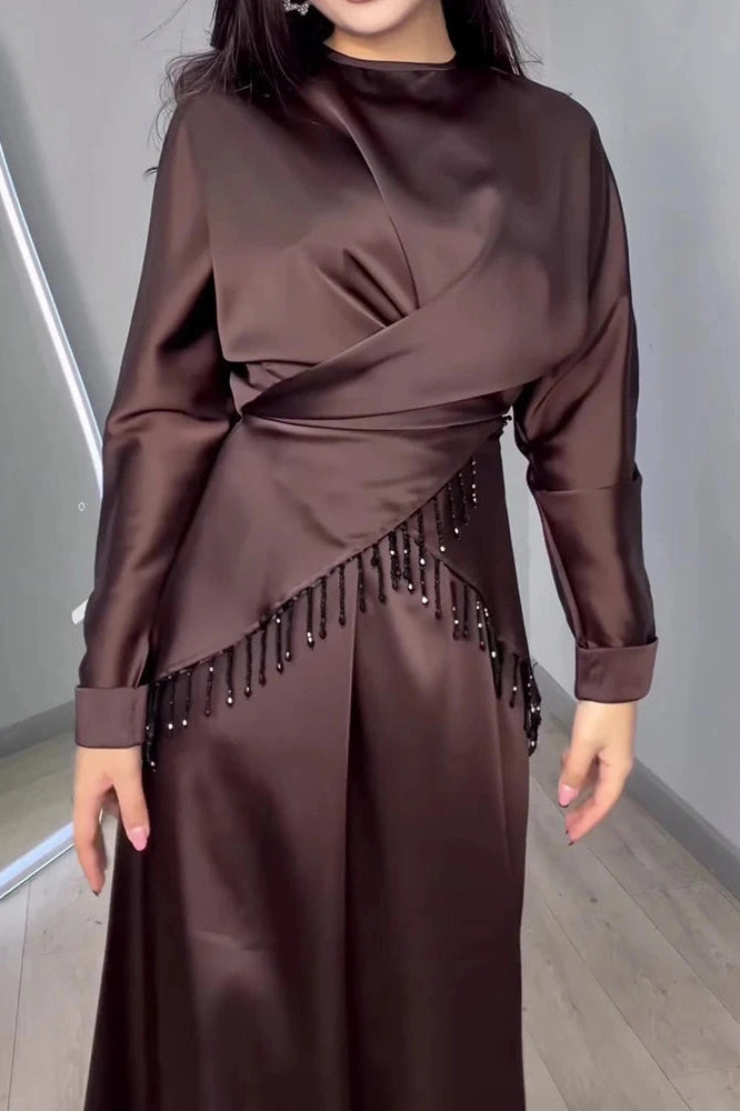 Glorol - Long Sleeve Pleat Lace-Up Loose 2-Piece Irregular Maxi Dress