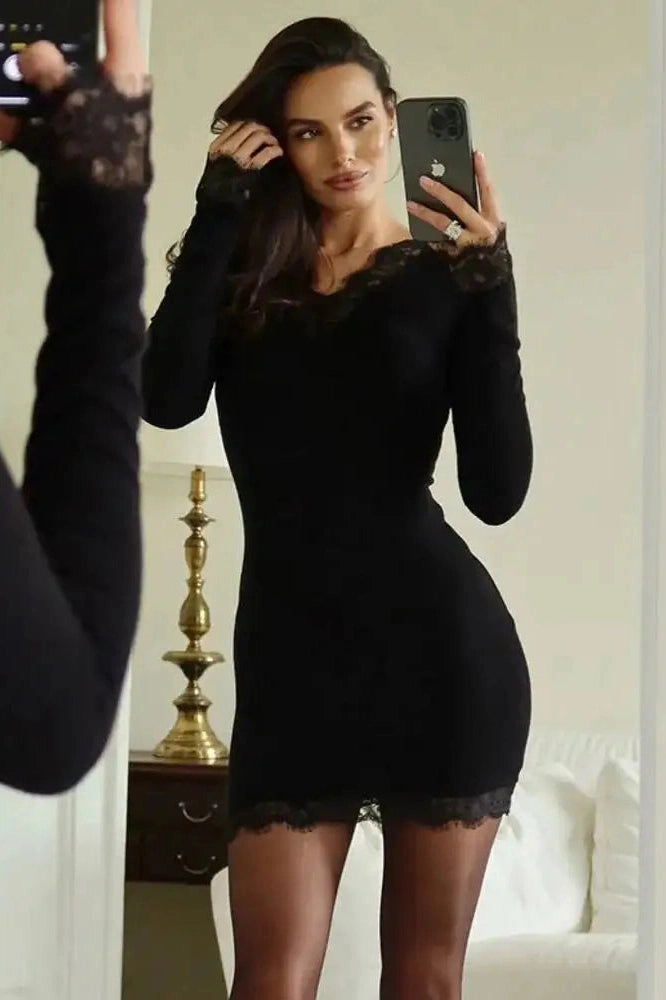 Glorol - Lace V Neck Long Sleeve Patchwork Bodycon Mini Dress