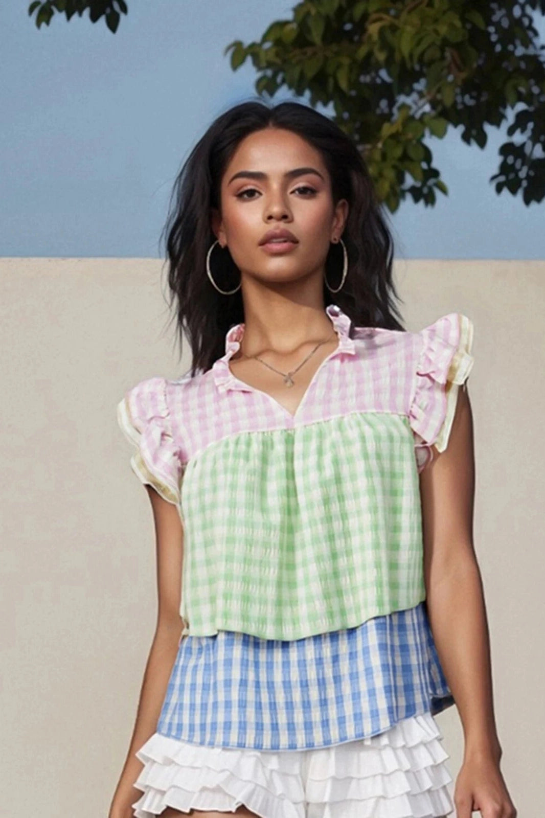 Glorol - Plaid V-Neck Sleeve Patchwork Loose Top