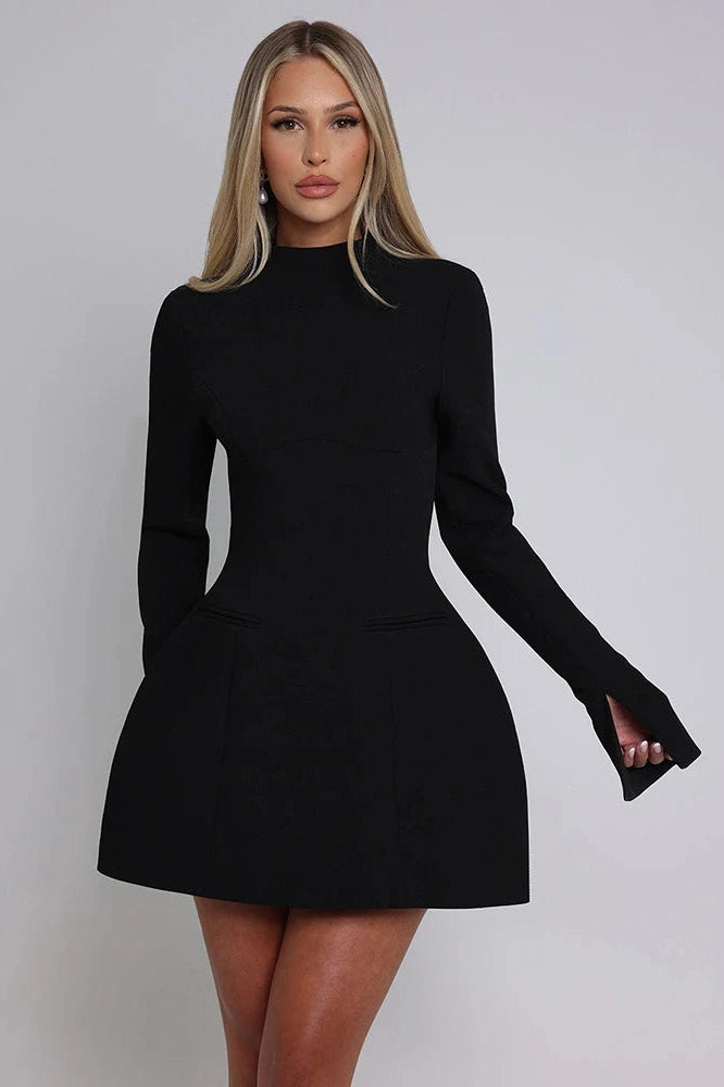 Glorol - Long Sleeve O-Neck High Waist Backless A-line Mini Dress