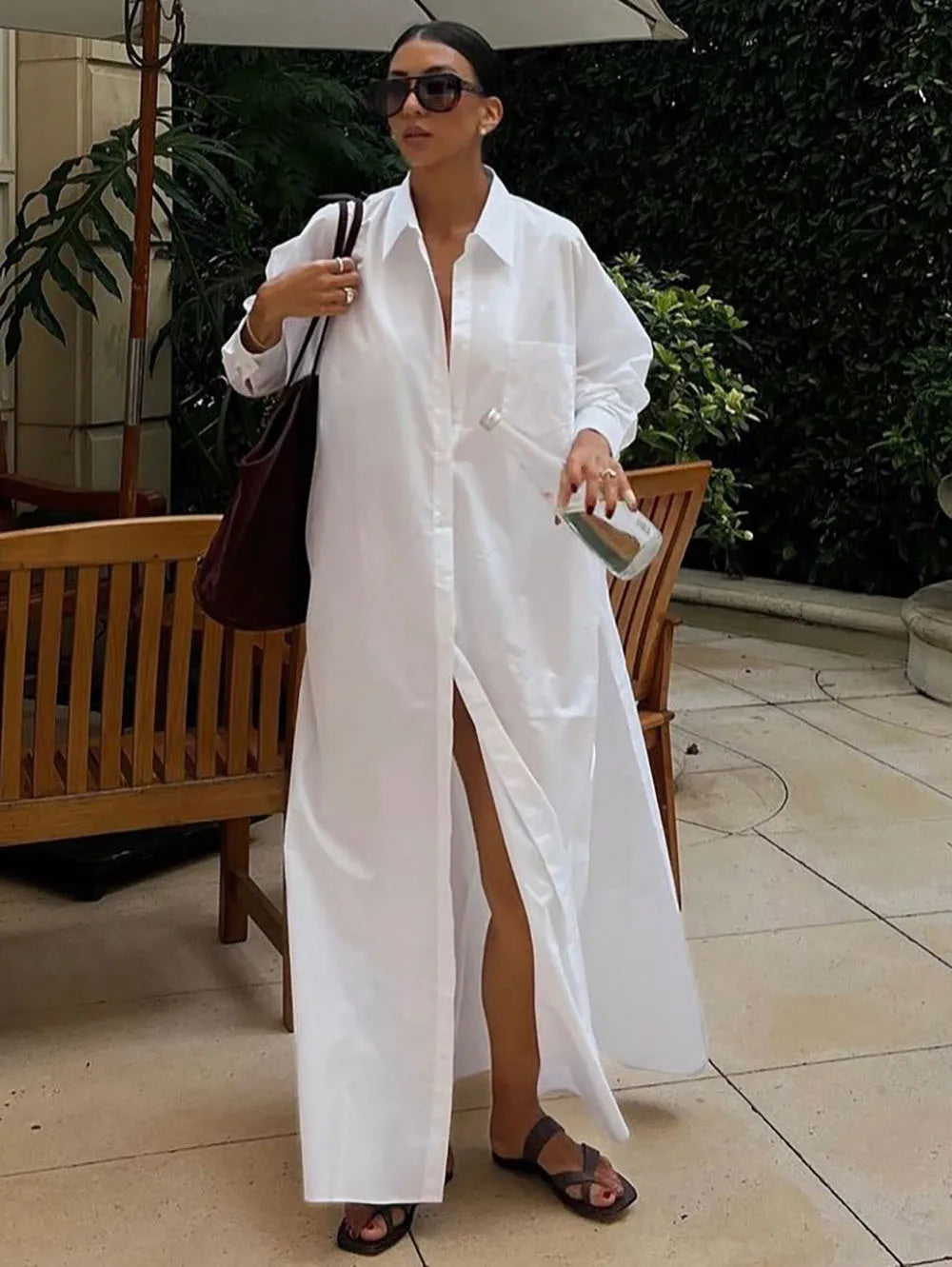 Glorol - Long Sleeve Loose Single Breasted Slit Maxi Dress
