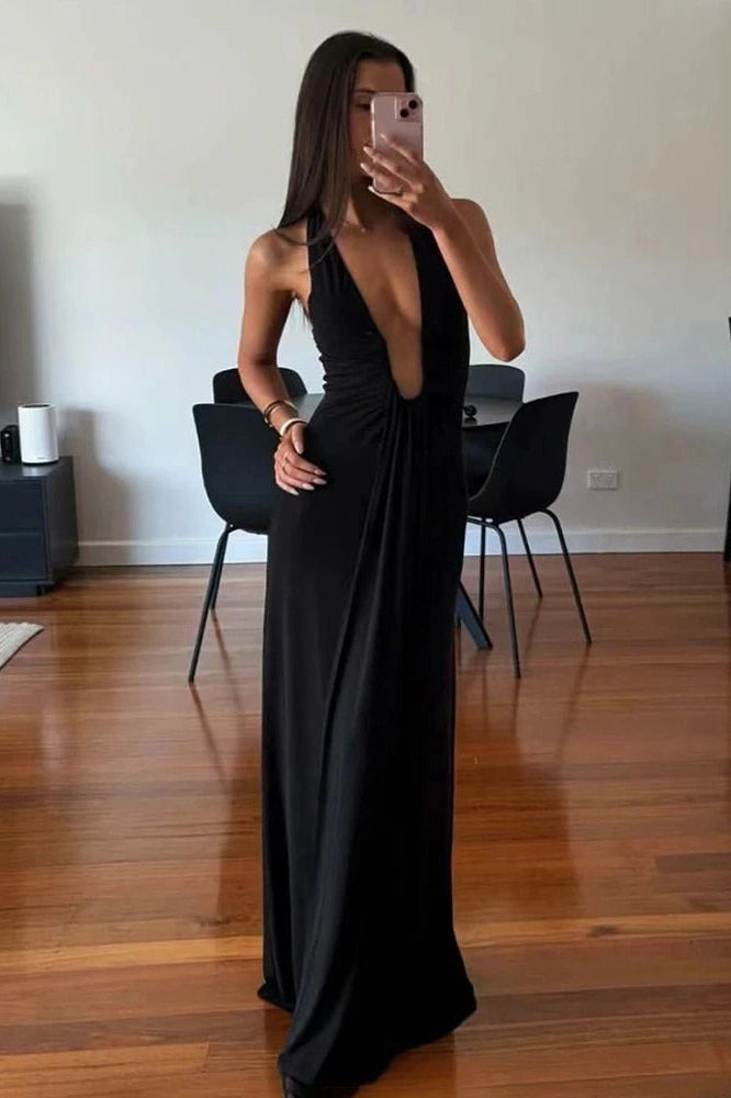 Glorol - Elegant Deep V Neck Slim Sleeveless Maxi Dress