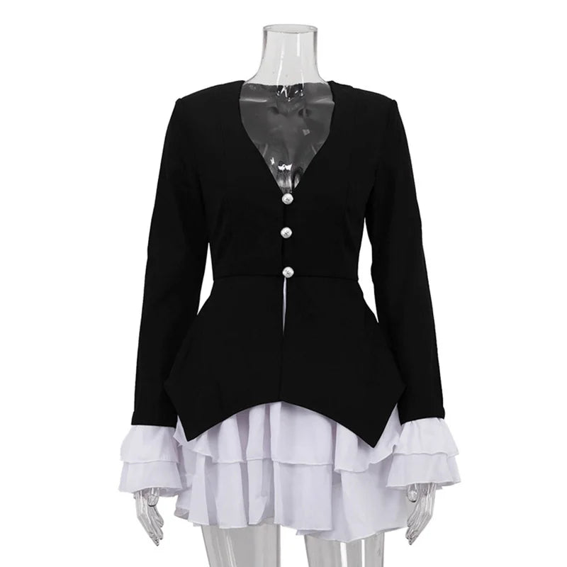 Glorol - Elegant V-Neck High Waist Patchwork Mini Dress