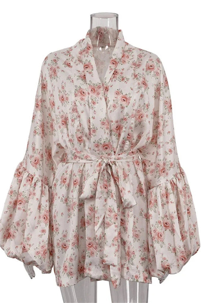 Glorol - Printed V-Neck Lace-Up Patchwork Loose Mini Dress