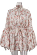 Glorol - Printed V-Neck Lace-Up Patchwork Loose Mini Dress
