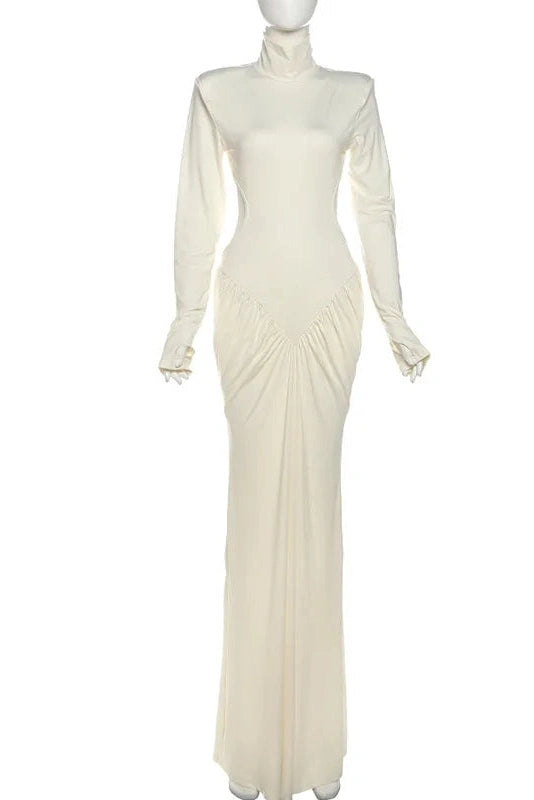 Glorol - Elegant Backless Turtleneck Long Sleeve Maxi Dress
