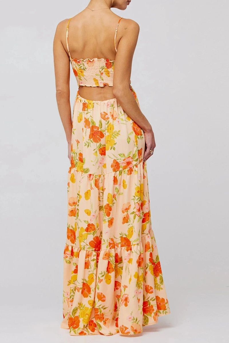 Glorol - Sleeveless Spaghetti Strap Floral Print Maxi Dress