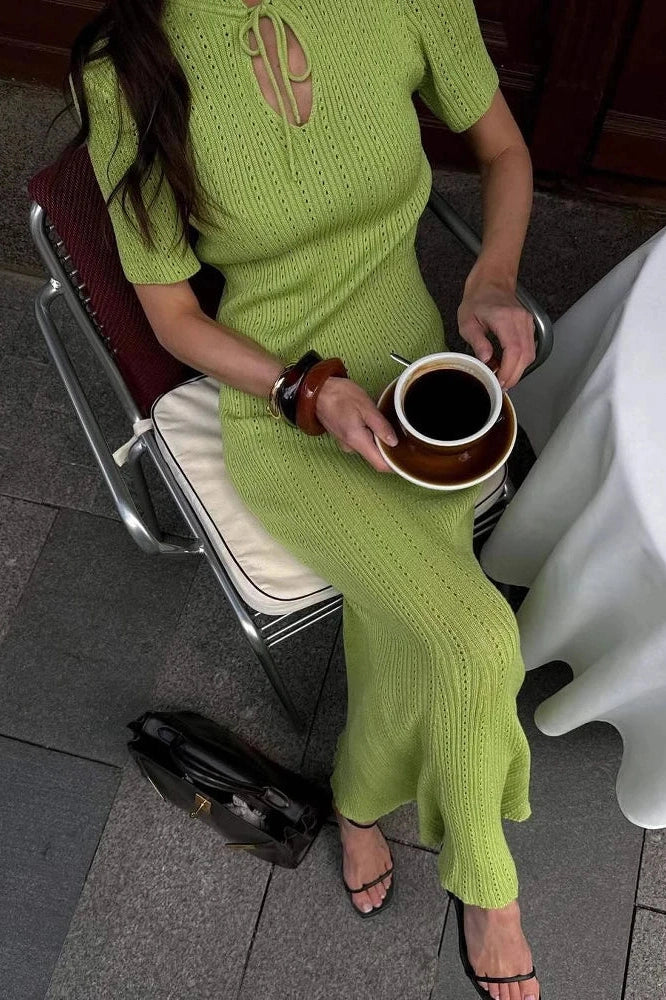 Glorol - Hollow-Out Short Sleeve Knitted Slim High Waist Maxi Dress