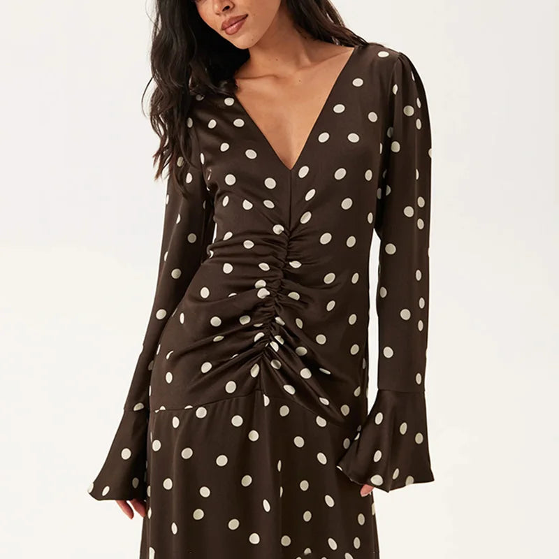 Glorol - Elegant V-Neck Polka Dot Patchwork Maxi Dress