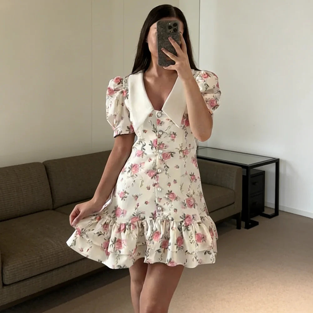 Glorol - Printed V-Neck Puff Sleeve Single Breasted Mini Dress