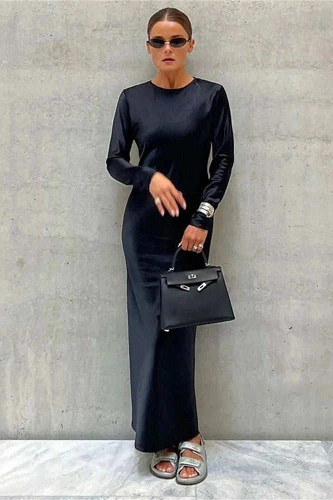 Glorol - Hollow Out High Waist Slim Long Sleeve Zipper Maxi Dress