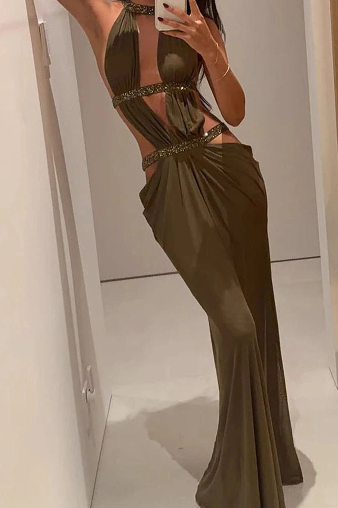 Glorol - Hollow Out Backless Sleeveless Pleated Slim Maxi Dress