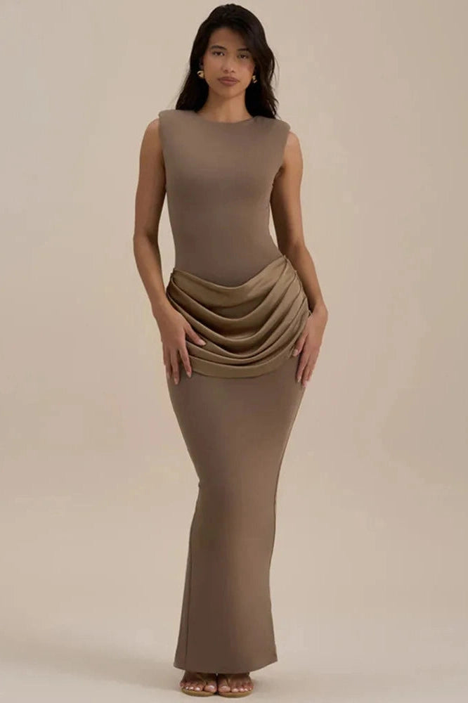 Glorol - Sleeveless High Waist Patchwork O Neck Bodycon Maxi Dress