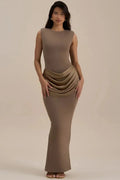 Glorol - Sleeveless High Waist Patchwork O Neck Bodycon Maxi Dress
