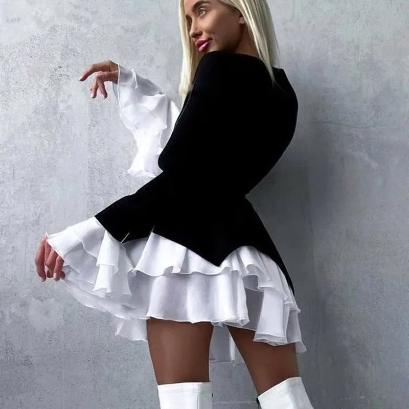 Glorol - Elegant V-Neck High Waist Patchwork Mini Dress