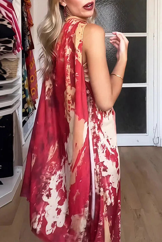 Glorol - Shawl Split Pleated Slim Printed Sleeveless Maxi Dress