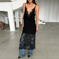 Glorol - Lace Slit Deep V-Neck Loose Midi Dress