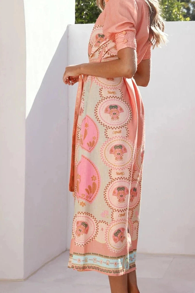 Glorol - Elegant Lace Up High Waist Printed Short Sleeve Pleated Midi Dress