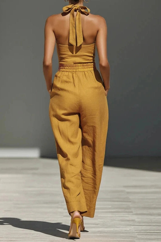 Glorol - Elegant Cross Halter Lace-Up Sleeveless Backless Jumpsuit