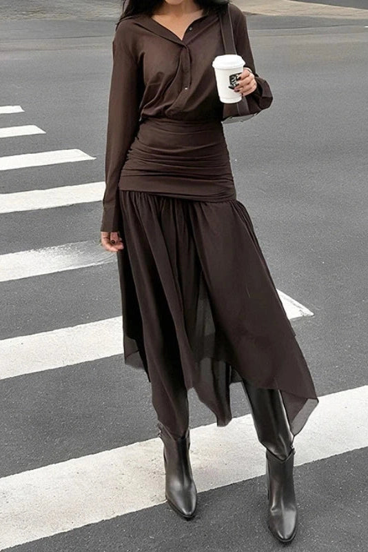 Glorol - Long-Sleeved Pleated Slim High Waist Midi Dress