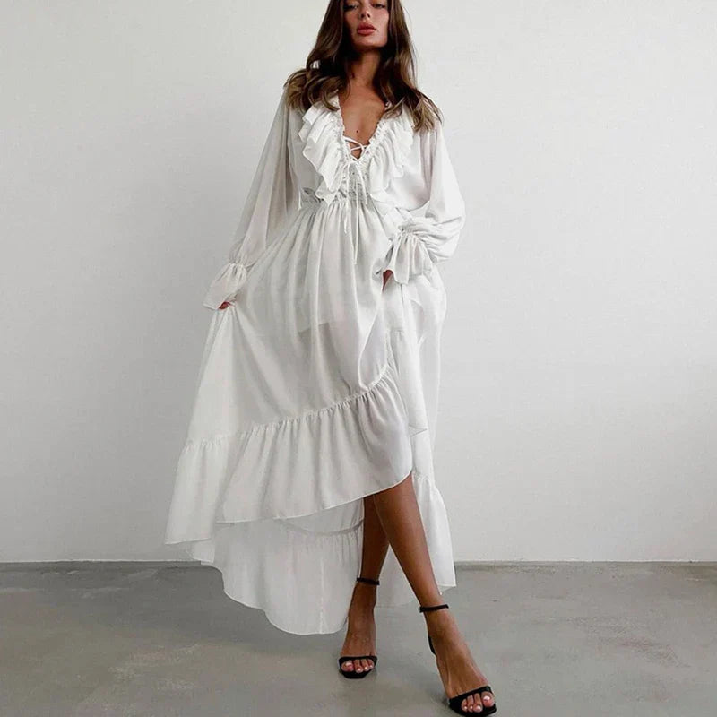 V Neck Flared Sleeves Loose A-Line Maxi Dress