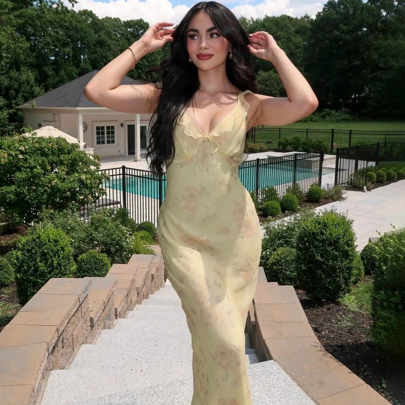 Glorol - Printed V-Neck Sleeveless Slim Maxi Dress