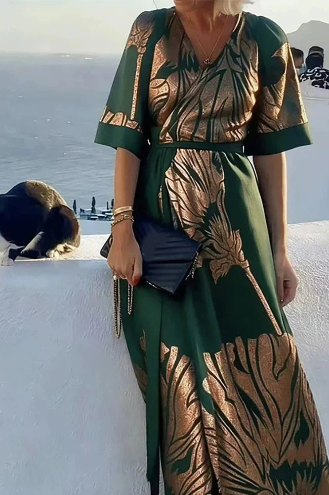 V-Neck Short Sleeve Pleated Printed Maxi Dress
