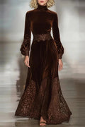 Glorol - Long Sleeve Pleated High Waist Printed Maxi Dress