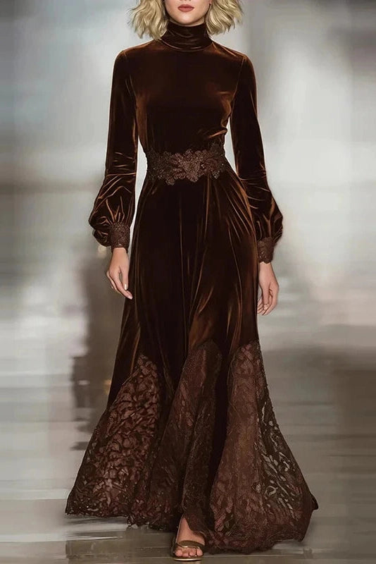 Glorol - Long Sleeve Pleated High Waist Printed Maxi Dress
