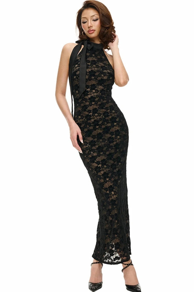 Glorol - Backless Lace Sleeveless Split Bodycon Maxi Dress