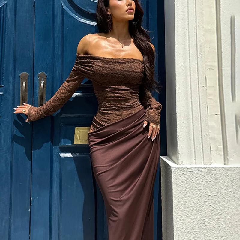 Glorol - Off Shoulder Patchwork Backless See Through Maxi Dress