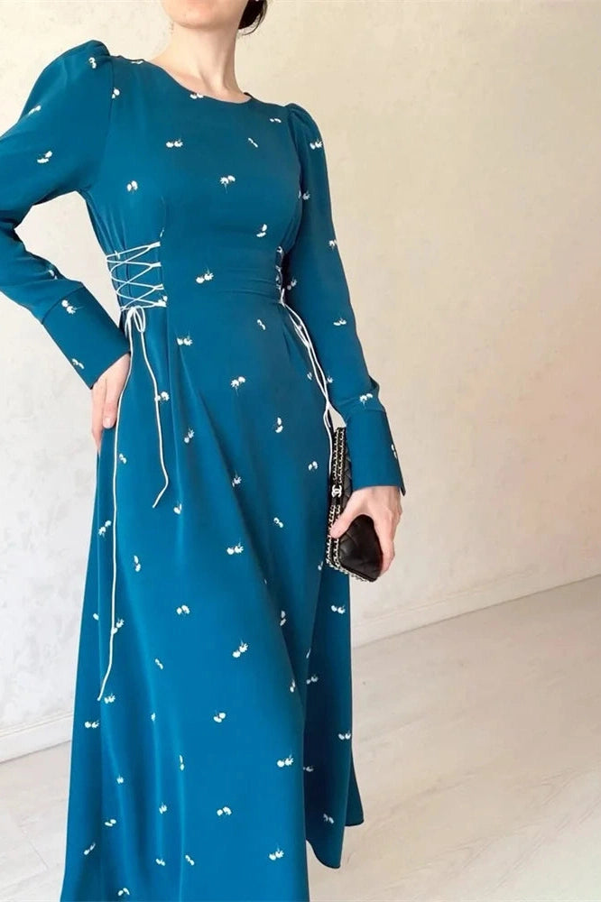 Glorol - Printed Slim Patchwork Lace-Up Long Sleeve Maxi Dress