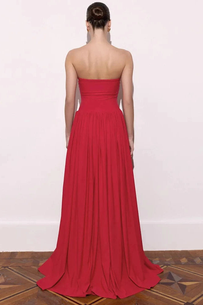 Glorol - Off-Shoulder Strapless Sleeveless Backless Pleated Bodycon Maxi Dress