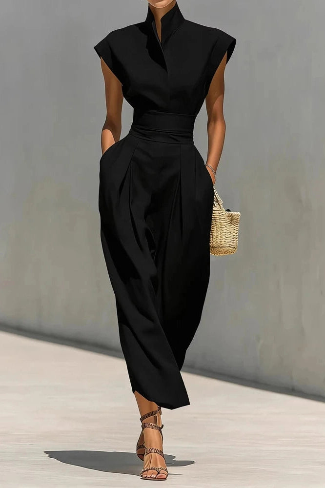 Glorol - Elegant High Waist Slim Pleated Sleeveless Midi Dress
