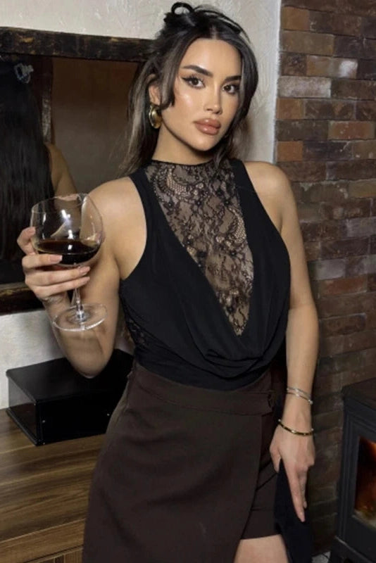 Glorol - Lace Cutout Sleeveless Pleated Jumpsuit