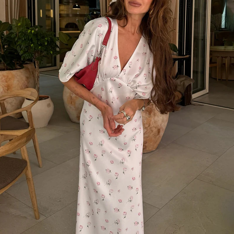 Glorol - Printed V-Neck Short Sleeve Maxi Dress