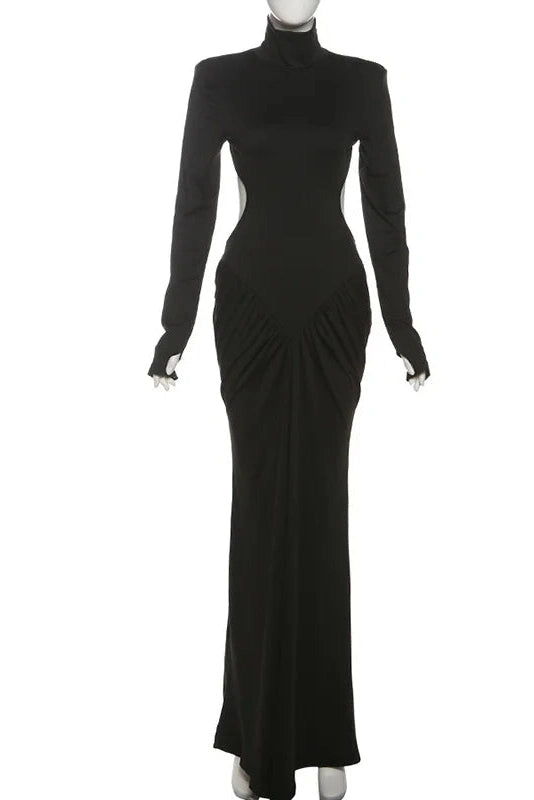 Glorol - Elegant Backless Turtleneck Long Sleeve Maxi Dress
