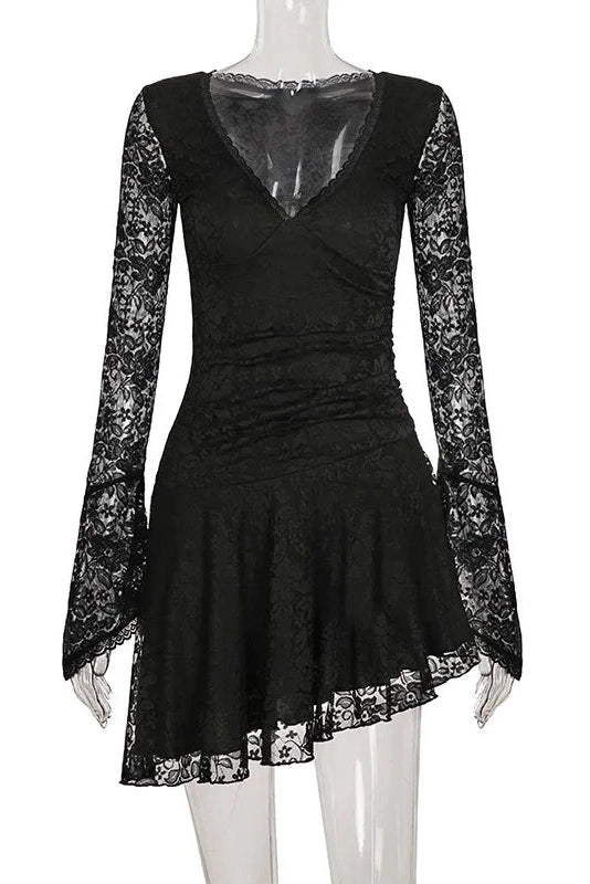 Glorol - Hollow Out Lace Flare Sleeves Deep V-Neck Slim Mini Dress