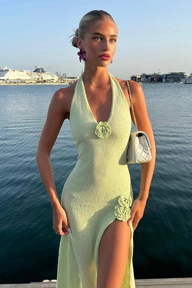 Glorol - Deep V Neck Sleeveless Backless High Split Maxi Dress