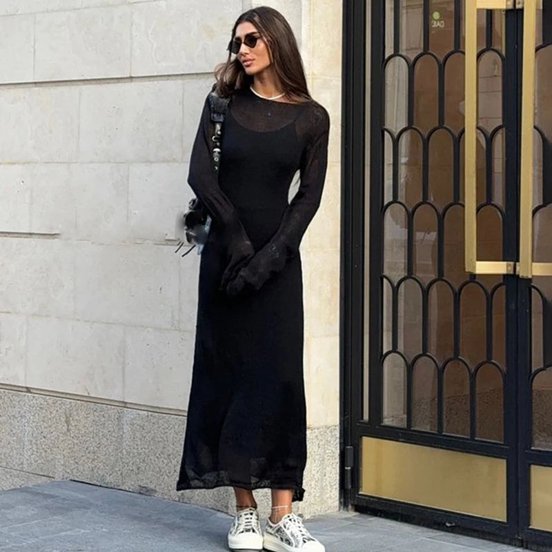 Glorol - See Through Loose Long Sleeve Knitted Maxi Dress