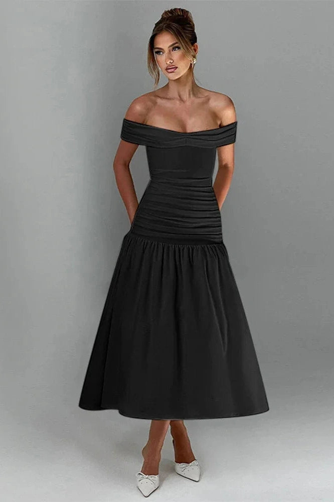 Glorol - Slim Off-Shoulder Sleeveless High Waist A-Line Maxi Dress
