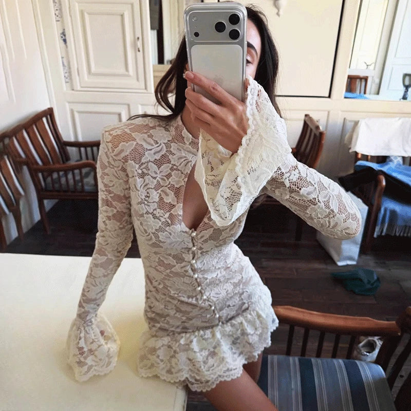 Elegant Hollow Out Lace Patchwork Mini Dress