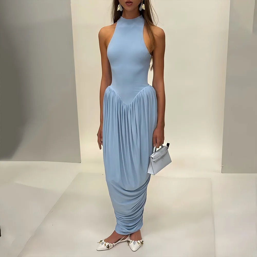 Glorol - Elegant  Pleated High Neck Slit Maxi Dress