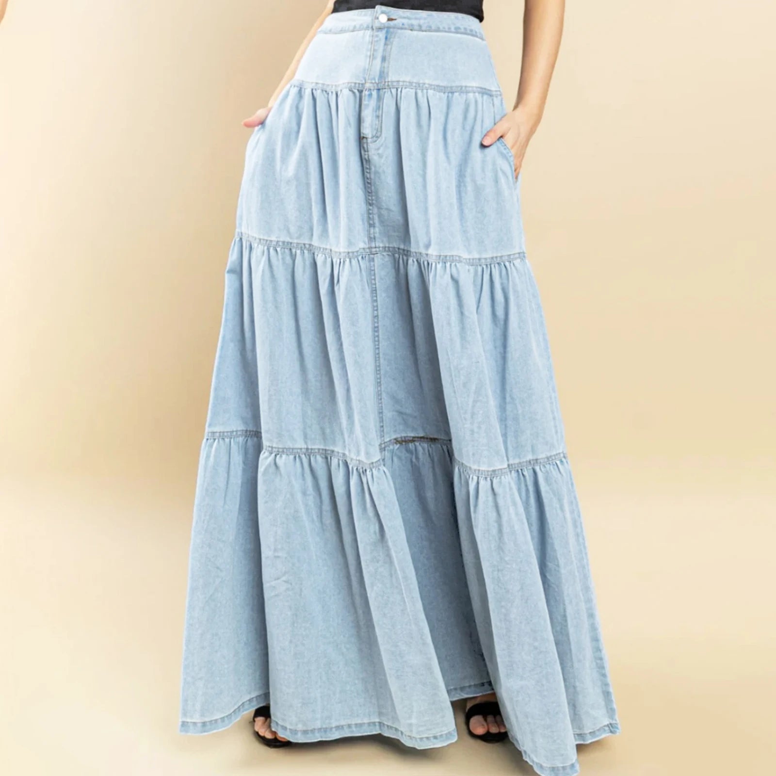 Glorol - High Waist A-Line Denim Skirt
